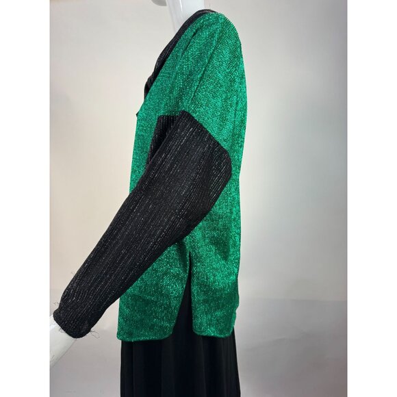 Vintage Green & Black Metallic Knit Long-Sleeve Top With Tie-Neck Detail - Picture 3 of 16